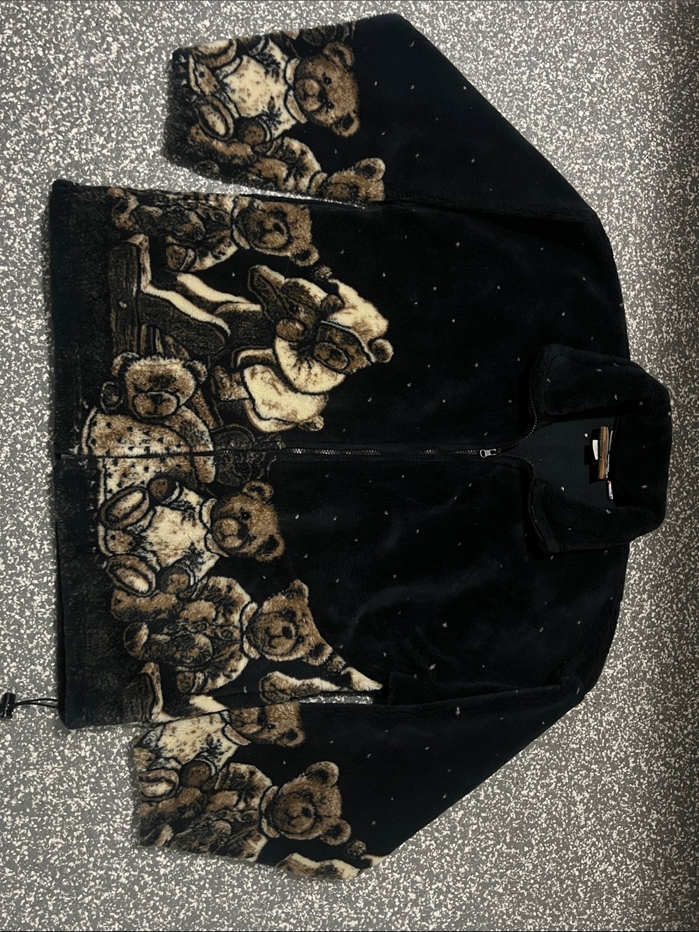 Black Teddy Print Zip-Front Fleece Jacket